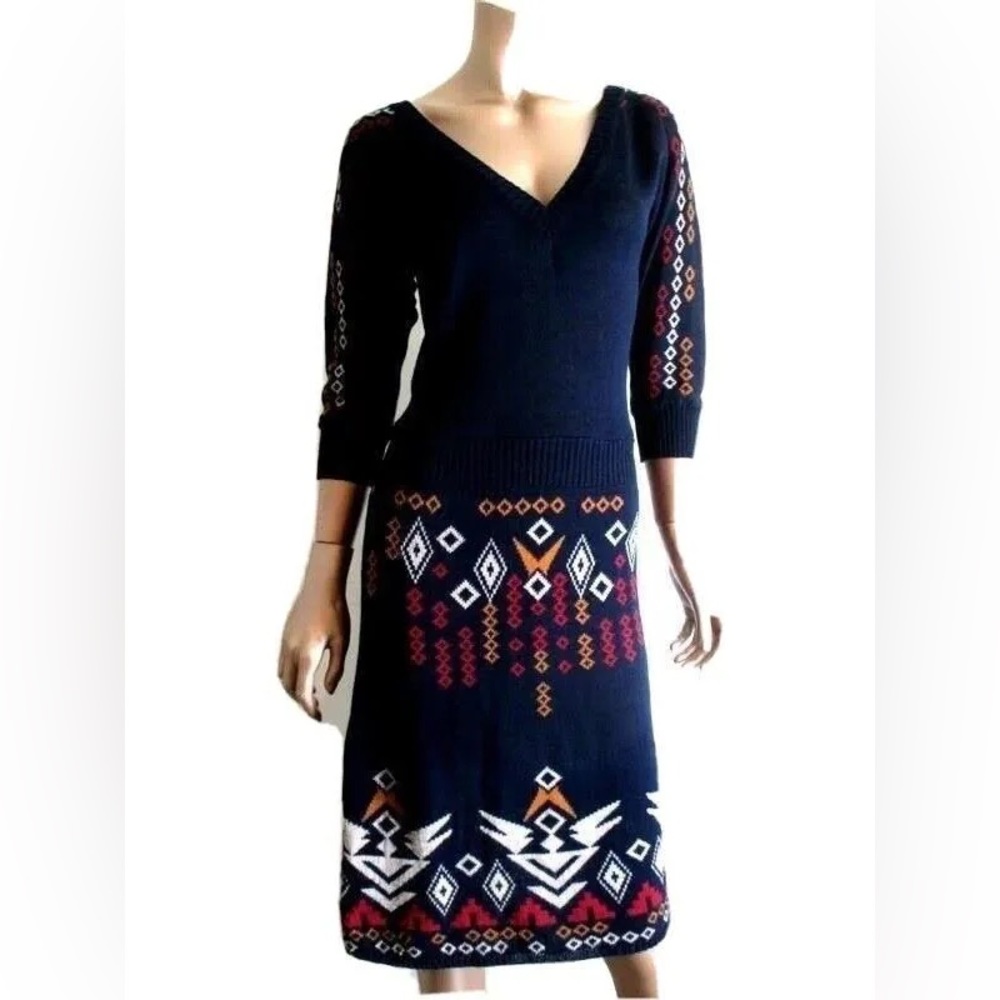 Free People | wool sweater dress. Navy with Aztec-inspired pattern. Size S